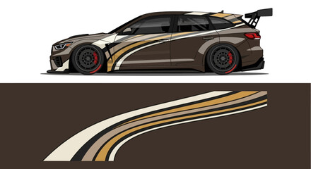 Fototapeta premium Sleek brown sports car profile with sweeping racing stripes and stylized road motif.