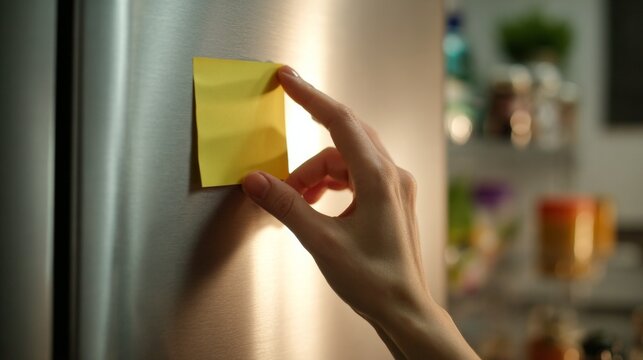 Hand presses sticky note onto fridge door