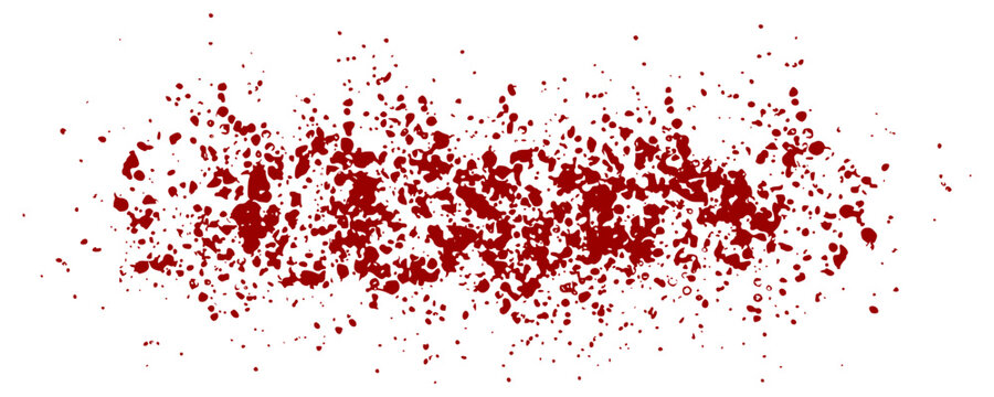 Wide horizontal red blood spray and splatter texture. Gritty mist and splash pattern ideal for cinematic horror backgrounds, crime scene visuals, or edgy artistic brush stroke effects.