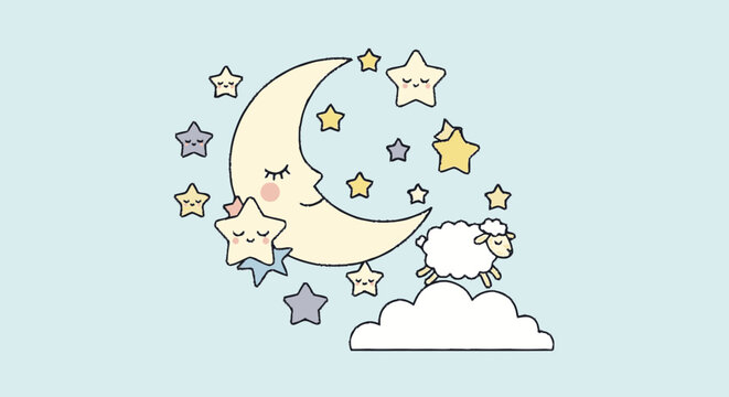 Cute crescent moon and sheep jumping over a cloud