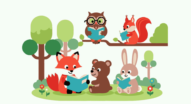 Cute forest animals reading books in a woodland setting