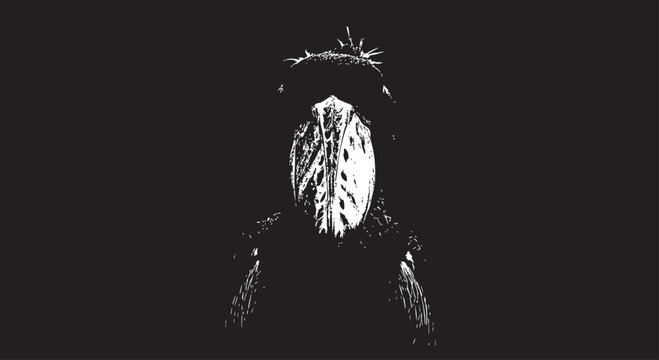 Monochrome illustration of hooded figure, mysterious person, dark fantasy, gothic style