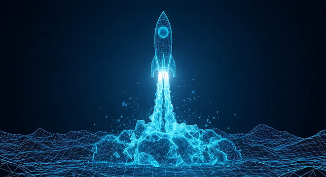 Digital wireframe rocket launching with blue particle glow representing tech startup growth and innovation technology innovation business abstract wireframe particles connection progress
