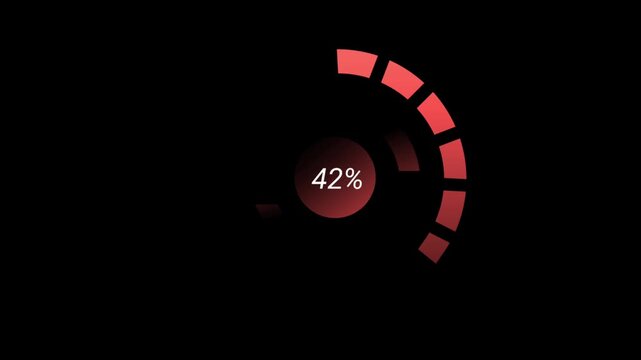 A red glowing circular progress bar counts up from zero to one hundred percent on a black background.