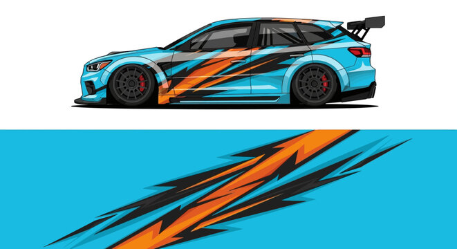 Dynamic blue race car with orange decals and stylized graphics on a white and blue panel.