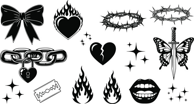 Alternative grunge and y2k aesthetic flash tattoo design icons set with flame heart crown of thorns and butterfly dagger vector illustration