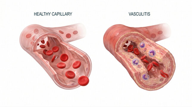 Vasculitis Blood Vessel Inflammation vs Healthy Capillary Anatomy