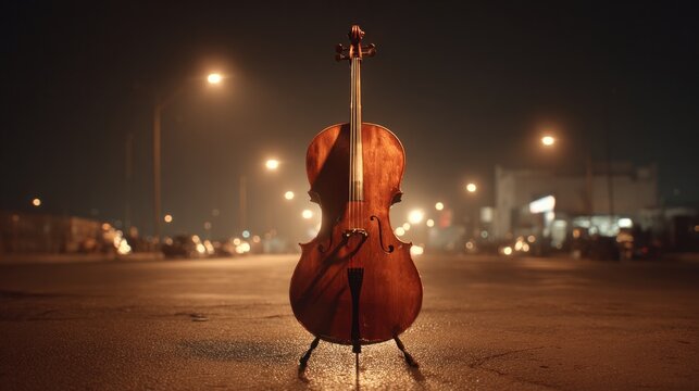 Cello stands alone on wet pavement at night