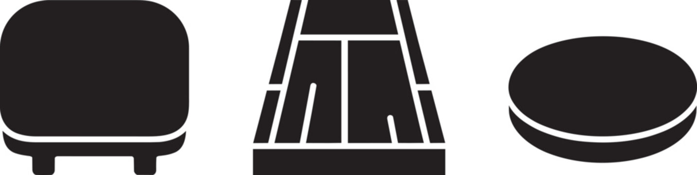 Transportation and sport icons set featuring a train a track and a hockey puck glyph style