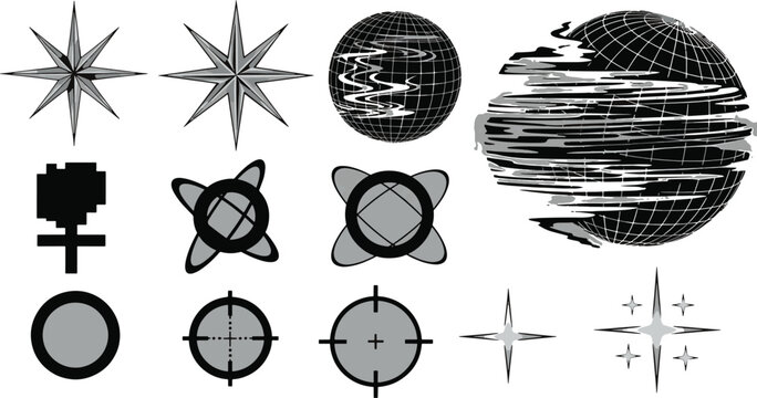 PFuturistic cyber aesthetic icons set featuring chrome stars wireframe globes and geometric abstract shapes for modern digital UI designs vector illustration