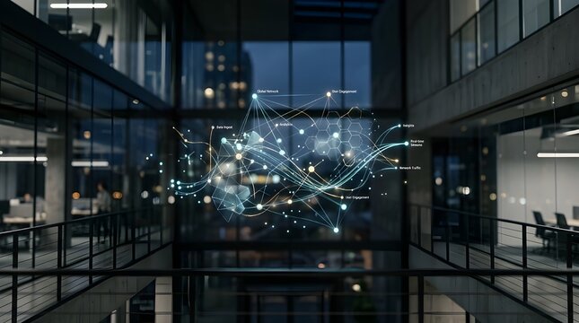 Abstract Glowing Data Network and Global Connectivity Lines Overlapping in a Dark Modern Office Building Interior, Concept of Cybersecurity and Worldwide Communication