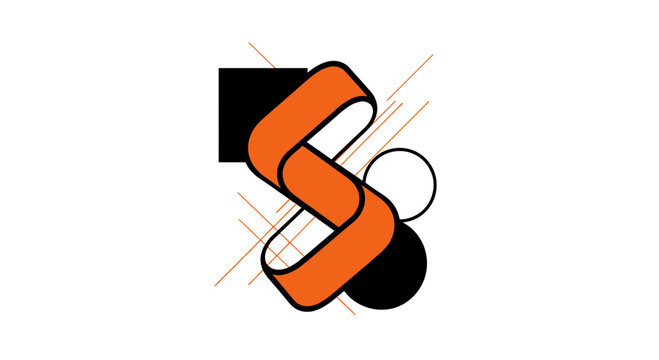 Abstract Geometric S-Shape Logo Design with Orange Ribbon and Minimalist Graphic Elements