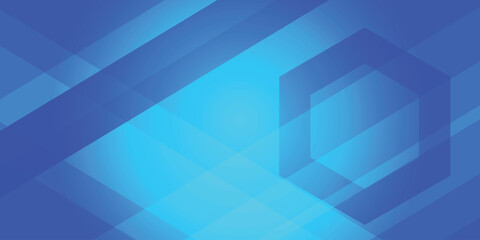 Obraz premium A vibrant blue abstract background featuring overlapping geometric shapes, translucent hexagonal patterns, and diagonal light rays. Perfect for technology-themed presentations, business banners, and d