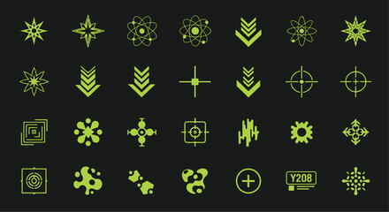 Collection of lime green science technology hud crosshair atom star symbols and industrial interface graphic elements for digital design vector illustration © Abul