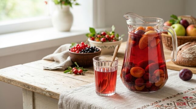 Traditional homemade kompot fruit drink in a glass pitcher. Slavic red beverage with whole plums and apricots on a rustic table. Authentic national drink with fresh berries and bread