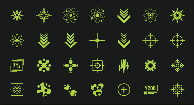 Collection of lime green science technology hud crosshair atom star symbols and industrial interface graphic elements for digital design vector illustration