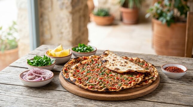 Turkish lahmacun thin flatbread with minced meat and herbs. Traditional Middle Eastern pizza served with lemon and parsley. Authentic ethnic food on a wooden board