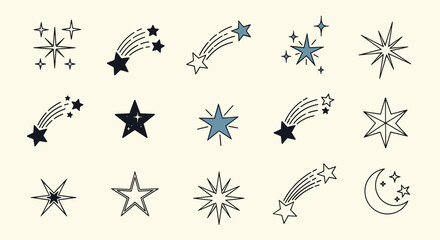 Fototapeta premium Collection of diverse star shapes including shooting stars sparkles and twinkling icons in a simple graphic style on a warm background.