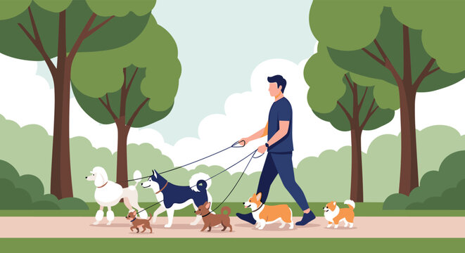Man walking several dogs of different breeds and sizes through a lush green park on a bright sunny day during a routine outdoor exercise.