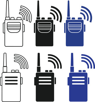 Three different colored walkie talkies with signal waves illustration