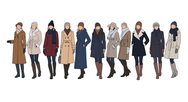 Fashion illustration of a diverse group of women wearing stylish winter coats, warm hats, and boots in different colors.