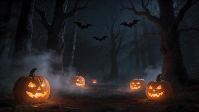 Halloween pumpkins in spooky forest