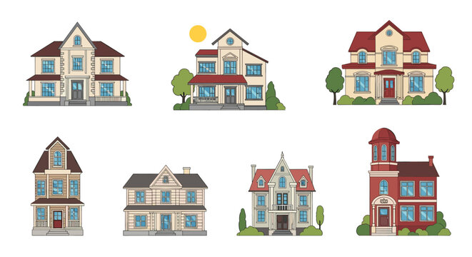 Collection of various architectural house styles including traditional mansions and modern suburban homes with green gardens.