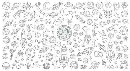 Naklejka premium Massive collection of space themed doodles featuring planets stars rockets constellations and cosmic elements on a white background.