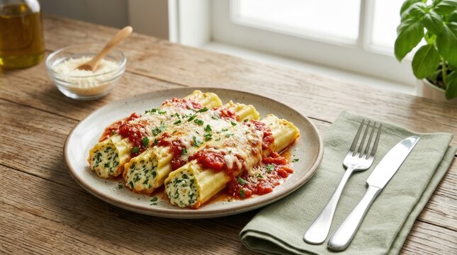 Italian manicotti pasta stuffed with ricotta and spinach. Traditional baked dish with tomato sauce and melted cheese on a rustic wooden table. Homemade Mediterranean meal