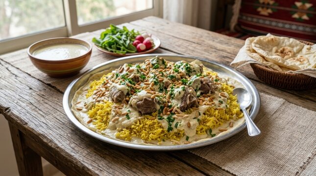 Traditional Jordanian Mansaf with lamb and yellow rice. National Middle Eastern dish with jameed yogurt sauce and pine nuts. Authentic Arabic cuisine on a rustic table