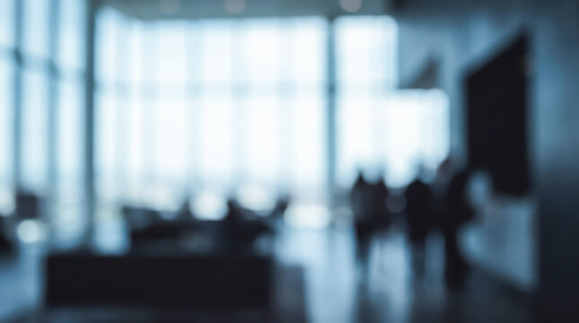 Blurred office interior with silhouettes of business people walking in a modern corporate building lobby