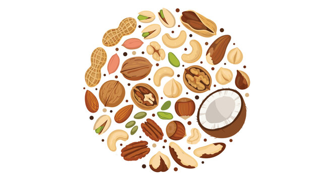 Circular arrangement of various nuts including peanuts walnuts pistachios almonds and half a coconut on a white background.
