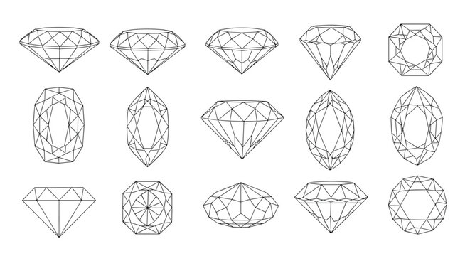 Scientific set of various diamond cuts and gemstone shapes shown in technical line art outlines for jewelry design.