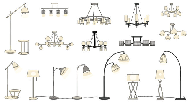Collection of modern and traditional lamps including floor lamps desk lamps and decorative ceiling chandeliers in a set.