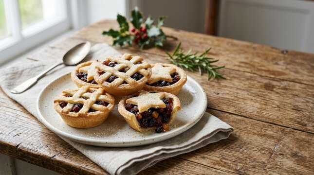 Traditional British mince pies on a wooden table. Festive holiday dessert with holly and rosemary. Classic national dishes for Christmas celebration