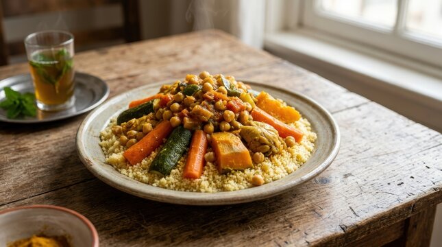 Steaming plate of traditional Moroccan couscous with chicken and vegetables. Authentic hot national dish on a rustic wooden table