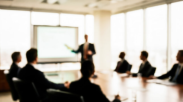 Business meeting in a conference room with a presenter standing in front of a projection screen