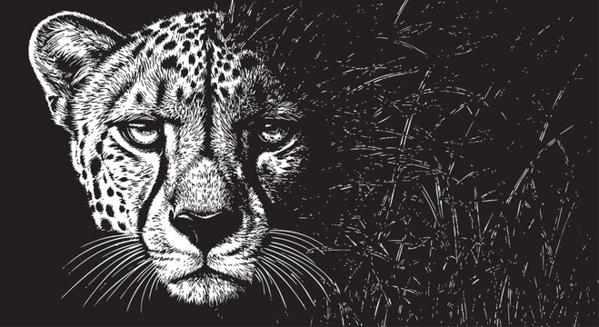 Leopard face, black and white illustration, wildlife art, animal portrait, vector graphics