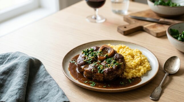 Traditional Italian osso buco with saffron risotto on a plate. Braised veal shank with marrow bone and gremolata served on a wooden table