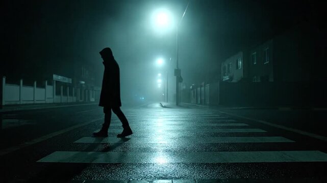 Man walking across a crosswalk at night.