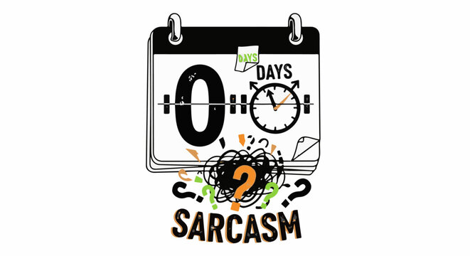 Zero days until sarcasm is unleashed, depicted by a calendar, clock, and chaos