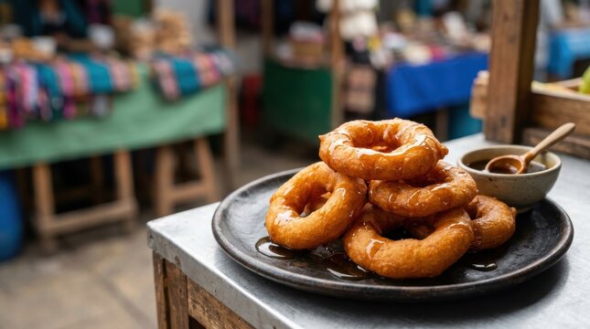 Traditional Peruvian picarones drizzled with sweet syrup on a rustic plate. Deep fried squash and sweet potato doughnuts at an outdoor street food market. Authentic national dessert