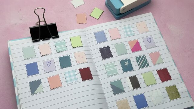 Decorative paper stamps collection organized in a notebook