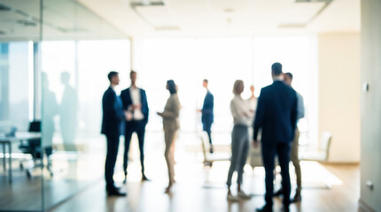 Fototapeta premium Blurred group of business people talking in a modern bright office interior professional networking and corporate meeting concept