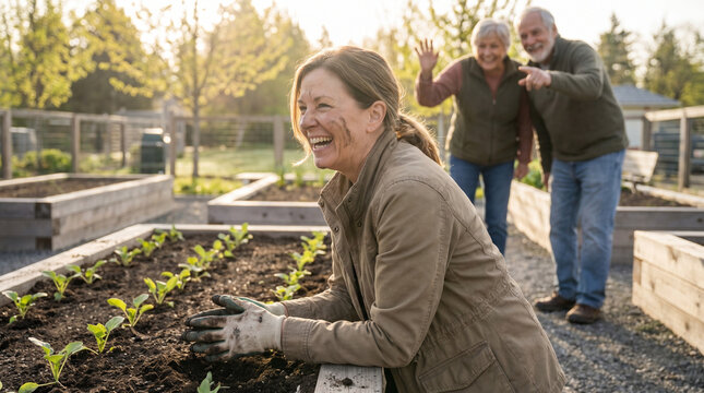 Former corporate attorney in community garden plot during early May morning, dirt under previously manicured fingernails, laughing at her ow