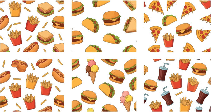 Fast food seamless pattern with burgers pizza fries hotdog tacos soda and ice cream colorful vector illustration background
