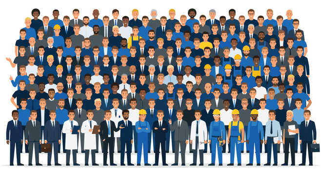 Crowd of men from various ethnic backgrounds and professions including doctors engineers and office workers. Flat vector illustration representing community unity and corporate diversity teamwork.