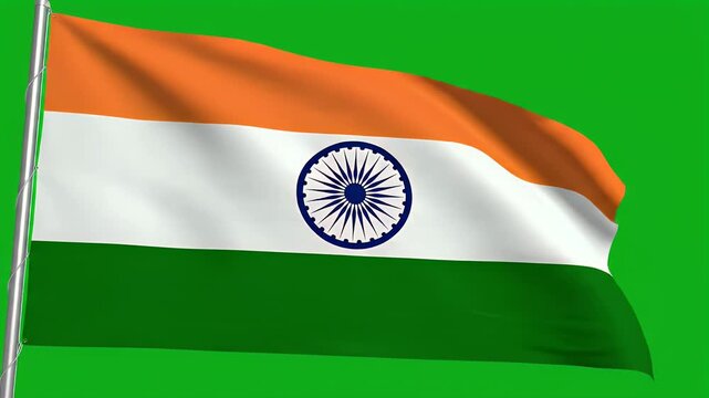 The vibrant Indian flag waves proudly against a green backdrop, showcasing its iconic tricolor design and the Ashoka Chakra.