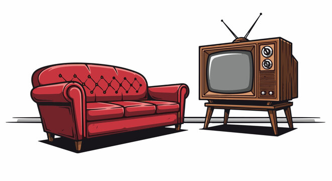Vintage sofa and old television set on a white background