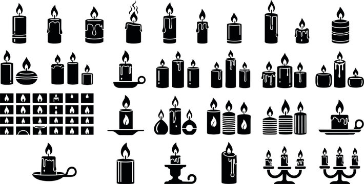 Candle silhouettes set burning wax candles collection flame light icons black shapes romantic decoration vector illustration pack